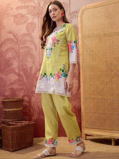 Sangria Floral Linen Printed Tunic with Trousers - Image 3