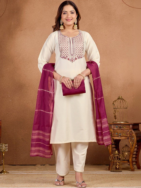 HERE&NOW Women Ethnic Motifs Embroidered Thread Work Kurta with Trousers & With Dupatta - Image 3