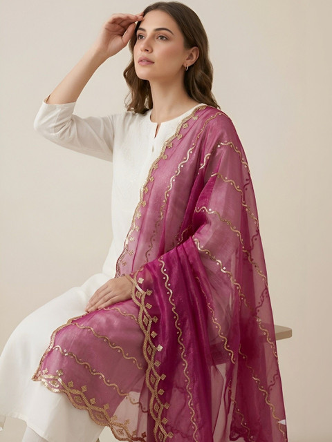 MUFFLY Ethnic Motifs Embroidered Dupatta with Sequinned - Image 2