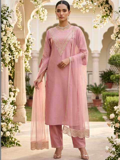 ZAMUNA Women Ethnic Motifs Embroidered Regular Thread Work Kurta with Trousers & With Dupatta