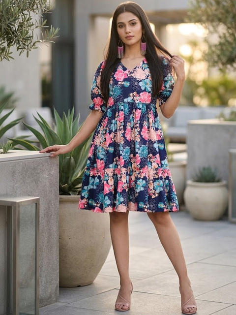 SZN Floral Print Puff Sleeve Fit & Flare Dress