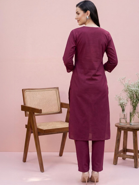 Indo Era Women Ethnic Motifs Embroidered Regular Thread Work Pure Cotton Kurta with Trousers - Image 4