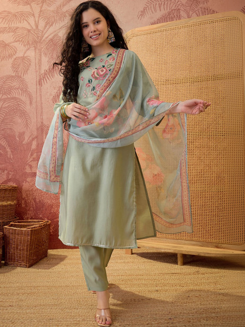 Sangria Embroidered Round Neck Kurta & Trousers With Dupatta