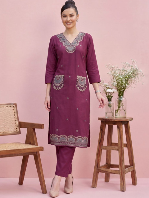 Indo Era Women Ethnic Motifs Embroidered Regular Thread Work Pure Cotton Kurta with Trousers - Image 3