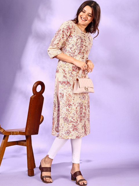 KAYABANDH Women Floral Printed Thread Work Indie Florals Kurta - Image 3