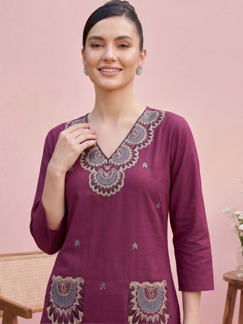 Indo Era Women Ethnic Motifs Embroidered Regular Thread Work Pure Cotton Kurta with Trousers - Image 2