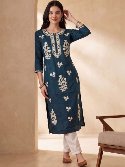 Indo Era Women Floral Embroidered Thread Work Indie Florals Kurta