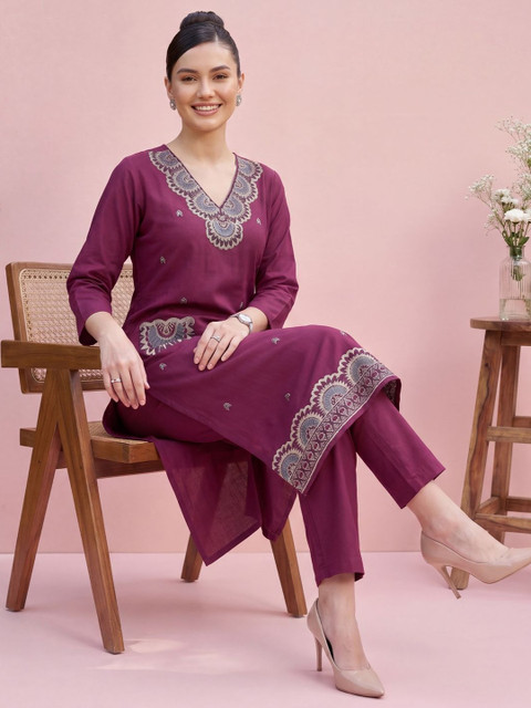 Indo Era Women Ethnic Motifs Embroidered Regular Thread Work Pure Cotton Kurta with Trousers