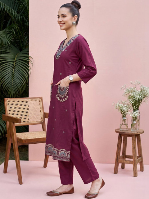 Indo Era Women Ethnic Motifs Embroidered Regular Thread Work Pure Cotton Kurta with Trousers - Image 3