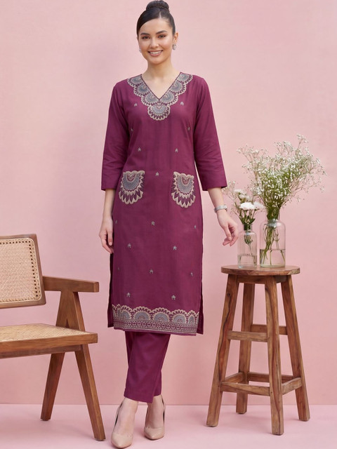 Indo Era Women Ethnic Motifs Embroidered Regular Thread Work Pure Cotton Kurta with Trousers