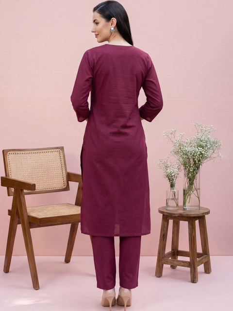 Indo Era Women Ethnic Motifs Embroidered Regular Thread Work Pure Cotton Kurta with Trousers - Image 6