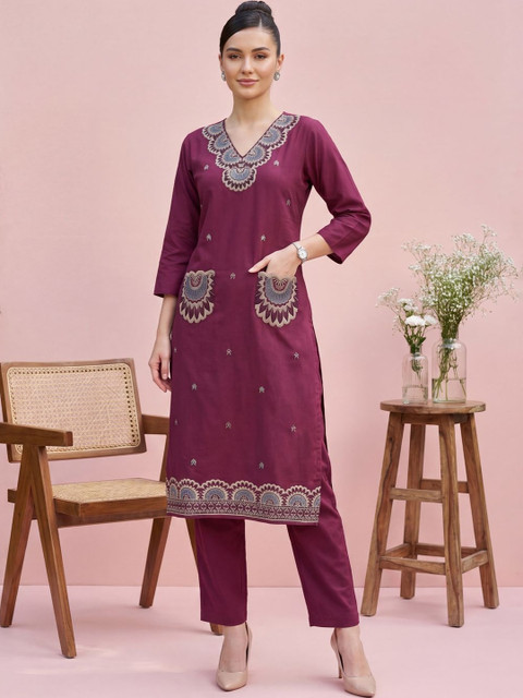 Indo Era Women Ethnic Motifs Embroidered Regular Thread Work Pure Cotton Kurta with Trousers - Image 5