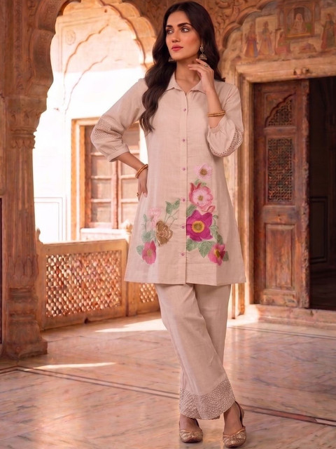 Inddus Floral Chanderi Embroidered Tunic with Trousers