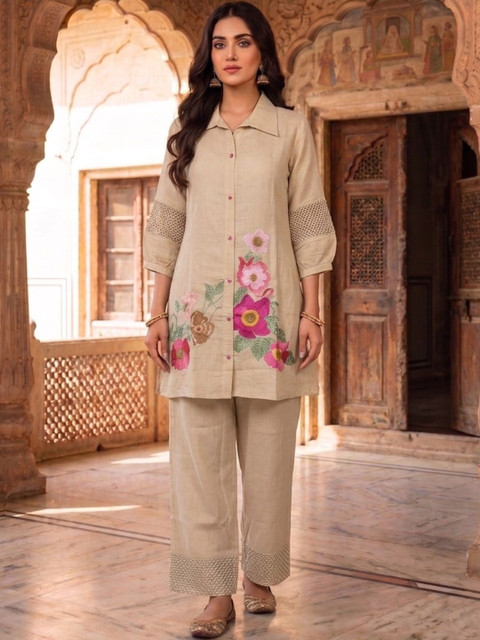 Inddus Floral Chanderi Embroidered Tunic with Trousers