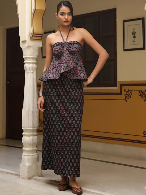 anayna Printed Halter Neck Pure Cotton Top With Skirt - Image 2
