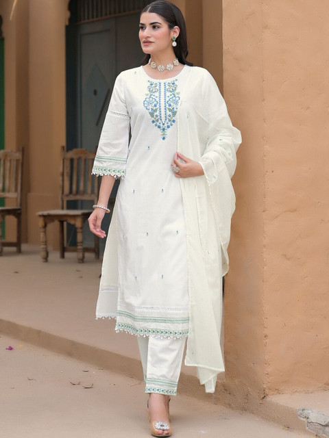 SKYLEE Women Ethnic Motifs Embroidered Regular Thread Work Kurta with Trousers & With Dupatta