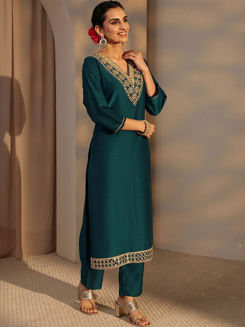 Libas Teal Embroidered Straight Kurta Set - Image 2