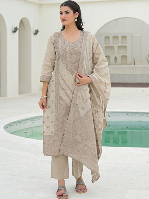 SKYLEE Women Ethnic Motifs Embroidered Regular Chikankari Pure Cotton Kurta with Trousers & With Dupatta - Image 7