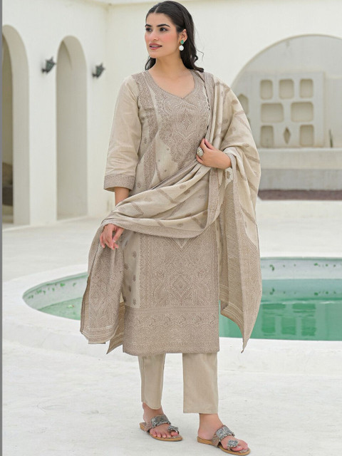SKYLEE Women Ethnic Motifs Embroidered Regular Chikankari Pure Cotton Kurta with Trousers & With Dupatta - Image 6