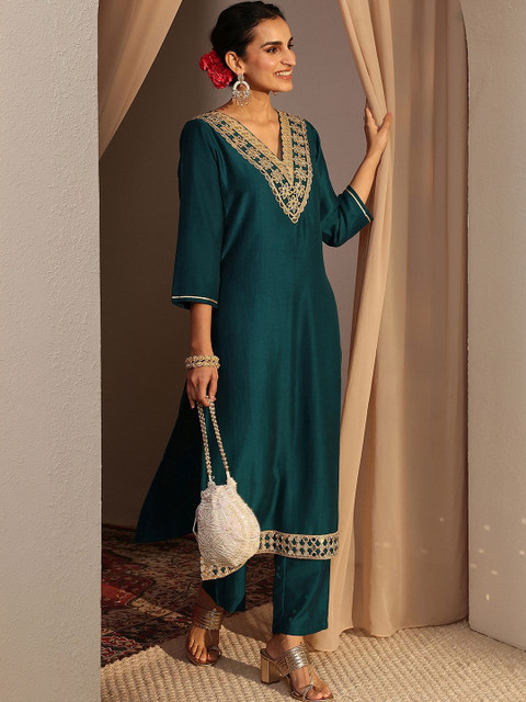 Libas Teal Embroidered Straight Kurta Set