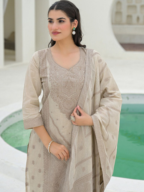 SKYLEE Women Ethnic Motifs Embroidered Regular Chikankari Pure Cotton Kurta with Trousers & With Dupatta - Image 2