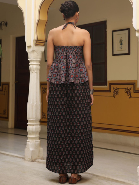 anayna Printed Halter Neck Pure Cotton Top With Skirt - Image 6