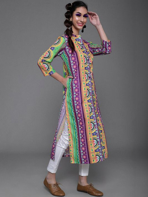 Sangria Printed Mandarin Collar Calf Length Straight Kurta - Image 3