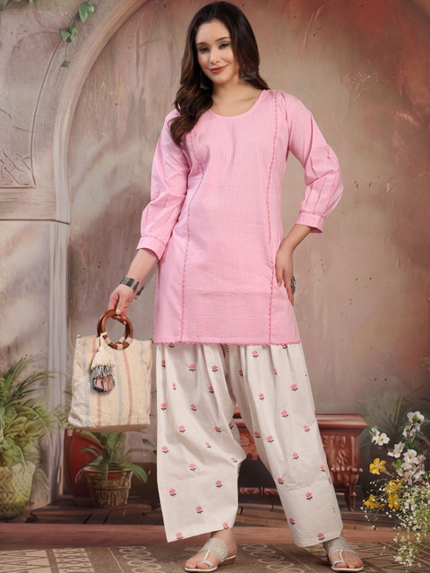 KALINI Women Solid Kurta with Front Pintucks and Embroidered Farshi Salwar Set - Image 2