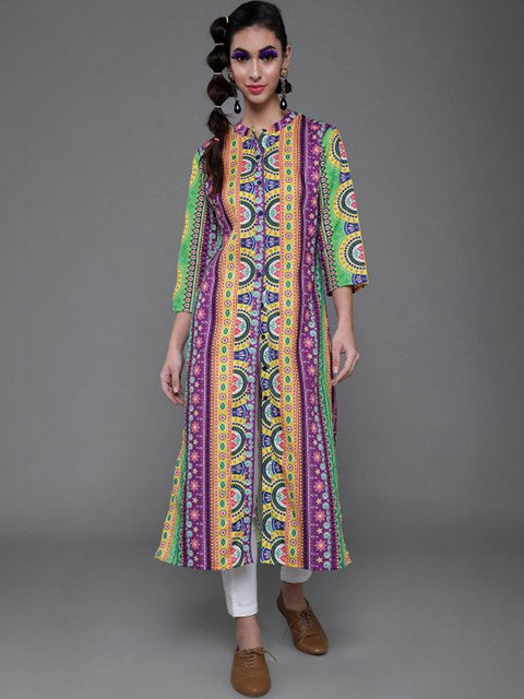Sangria Printed Mandarin Collar Calf Length Straight Kurta