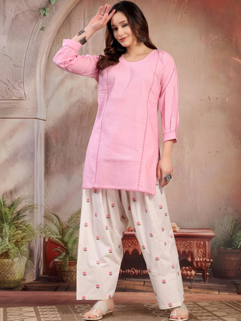KALINI Women Solid Kurta with Front Pintucks and Embroidered Farshi Salwar Set