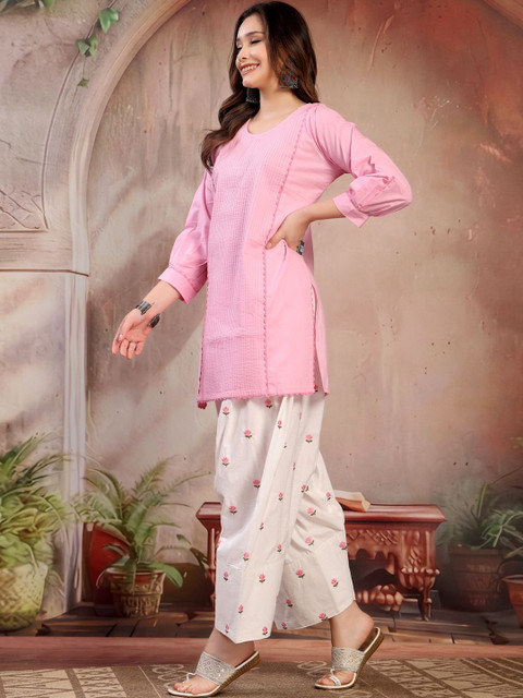 KALINI Women Solid Kurta with Front Pintucks and Embroidered Farshi Salwar Set - Image 5
