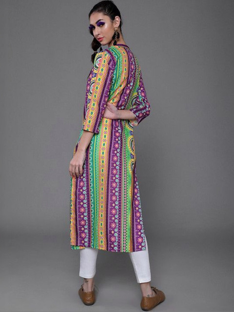 Sangria Printed Mandarin Collar Calf Length Straight Kurta - Image 4