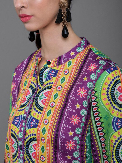 Sangria Printed Mandarin Collar Calf Length Straight Kurta - Image 2
