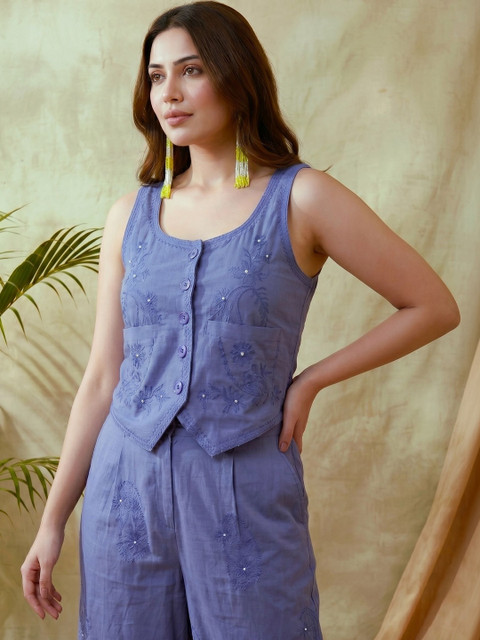 Sangria Indigo Cotton Embroidered Top with Trousers