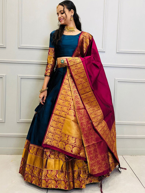 Fabcartz Teal Semi-Stitched Lehenga & Unstitched Blouse With Dupatta