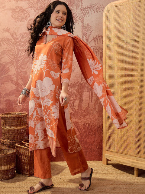 Sangria Women Floral Printed Regular Pure Cotton Kurta with Trousers & With Dupatta
