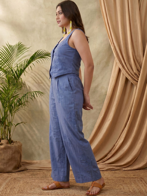 Sangria Indigo Cotton Embroidered Top with Trousers - Image 3