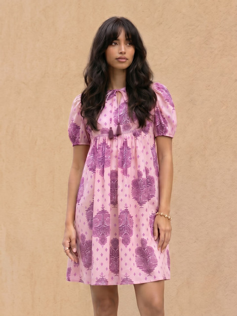 Pink & Purple Ethnic Motif Mini Dress
