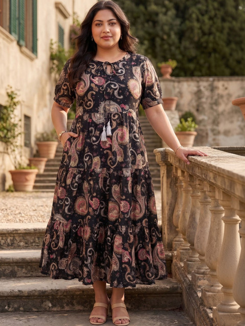 Sangria Print Tie-Up Neck Puff Sleeve A-Line Midi Dress