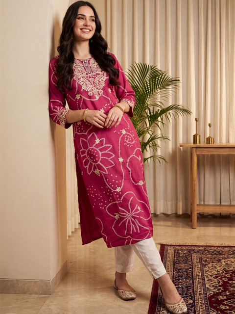 Indo Era Women Embellished Thread Work Indie Prints Kurta