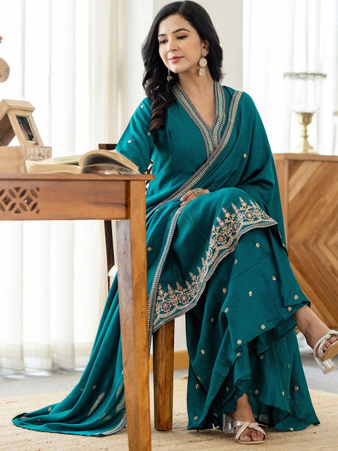 SANISA Women Ethnic Motifs Embroidered Kurta with Sharara & Dupatta