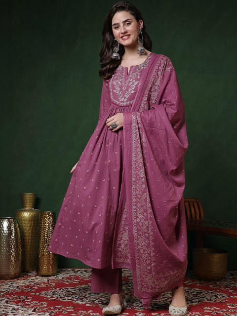 KBZ Women Ethnic Motifs Printed Panelled Pure Cotton Kurta with Palazzos & With Dupatta