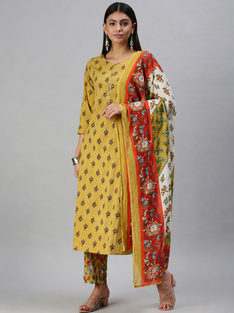 SHOWOFFFF Women Mustard Yellow Floral Printed Kurta Set With Dupatta