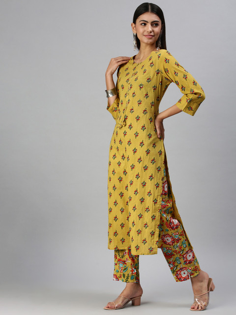 SHOWOFFFF Women Mustard Yellow Floral Printed Kurta Set With Dupatta - Image 5