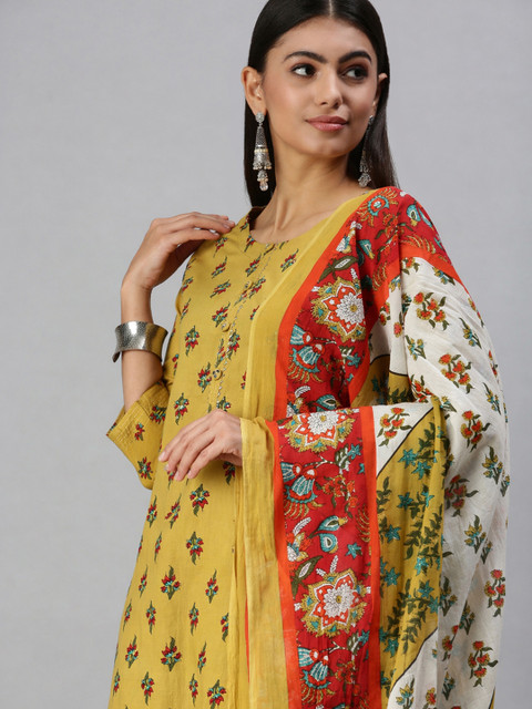 SHOWOFFFF Women Mustard Yellow Floral Printed Kurta Set With Dupatta - Image 7