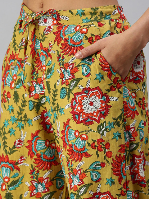 SHOWOFFFF Women Mustard Yellow Floral Printed Kurta Set With Dupatta - Image 3