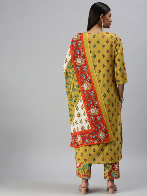 SHOWOFFFF Women Mustard Yellow Floral Printed Kurta Set With Dupatta - Image 6