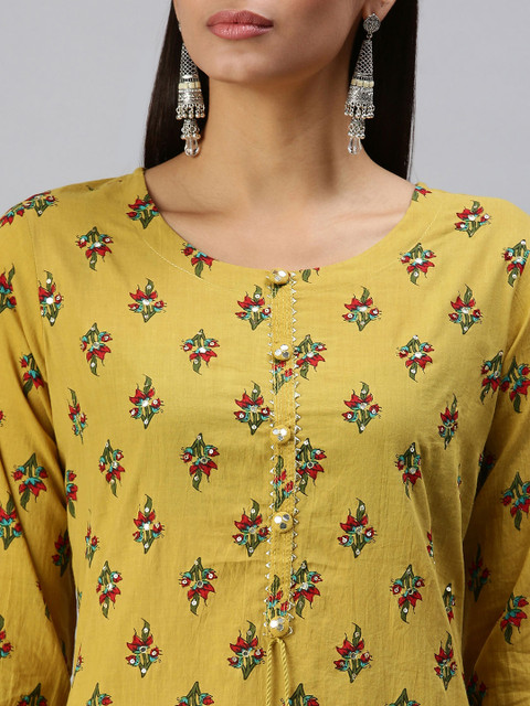 SHOWOFFFF Women Mustard Yellow Floral Printed Kurta Set With Dupatta - Image 2