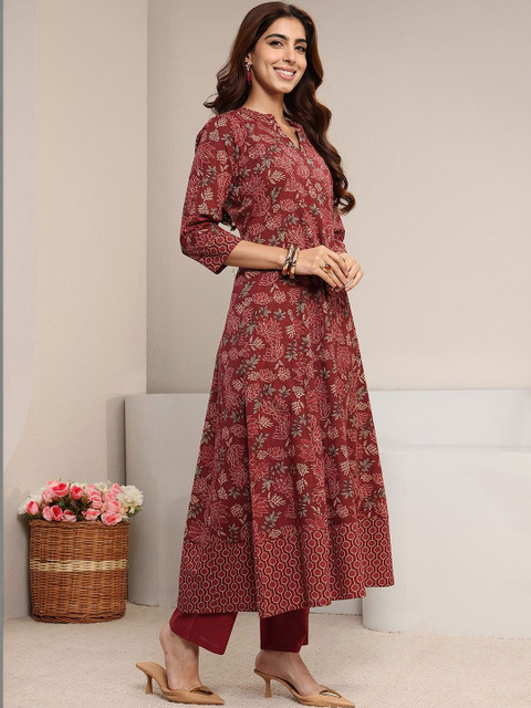 Libas Rust Floral Printed Cotton A-line Suit Set with Dupatta - Image 4