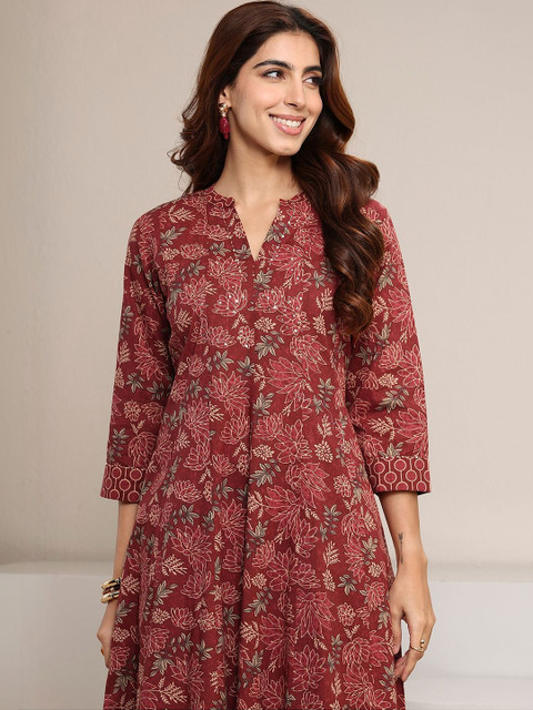 Libas Rust Floral Printed Cotton A-line Suit Set with Dupatta - Image 7
